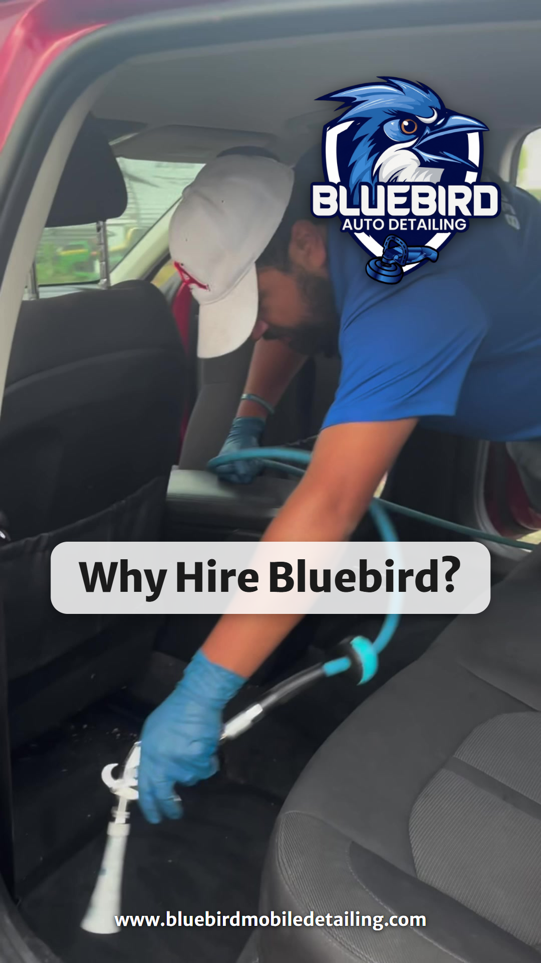 Bluebird Mobile Detailing technician deep-cleaning car seats with an extractor – Why Hire Bluebird? video cover